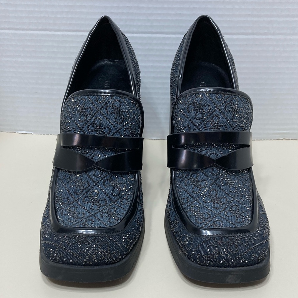 Guess Black and Silver Glitter Loafers, Block heel 4 in. Stunning!